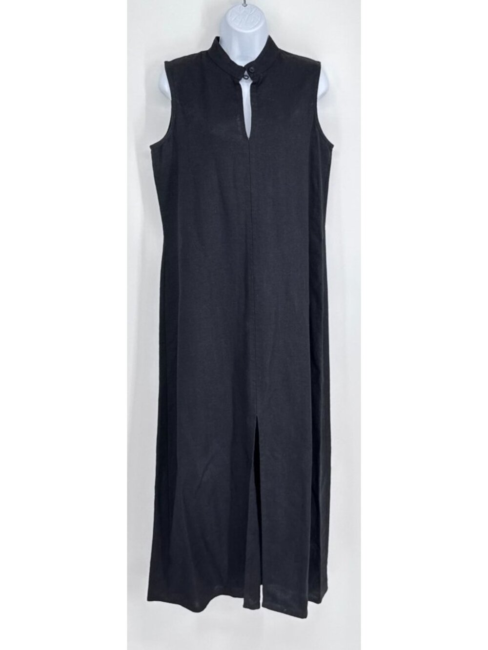 Black Sleeveless Mandarin Collar Linen Maxi Dress 12 Beach Resort Minimalist